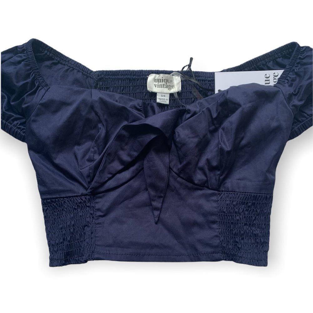 Unique Vintage Cute Sailor Off-shoulder Crop‎ Top Dark Navy Blue 97% Cotton